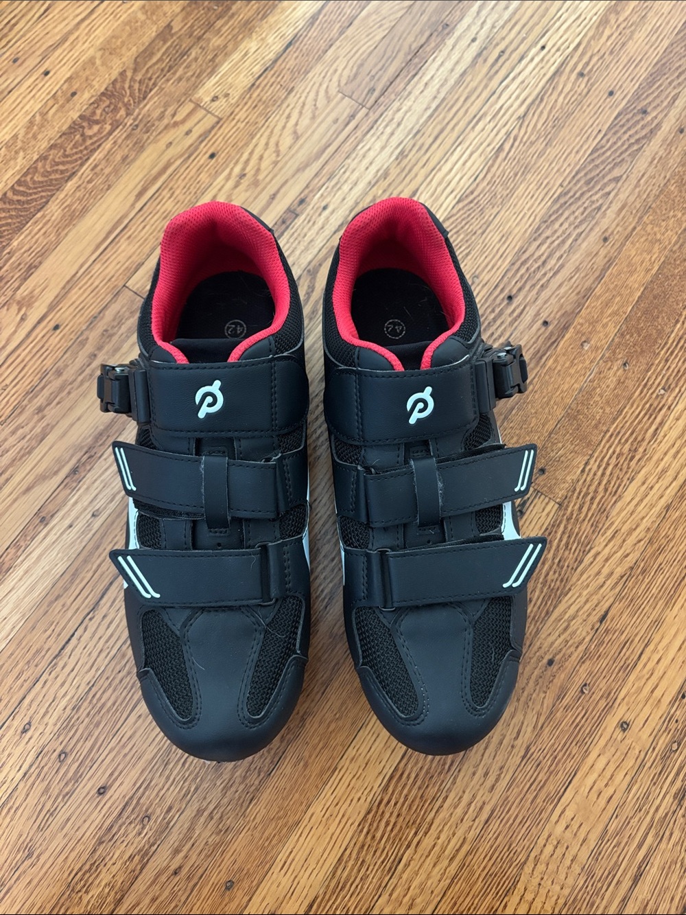Peloton Black Cycling Shoes with Red Interior and White Accents